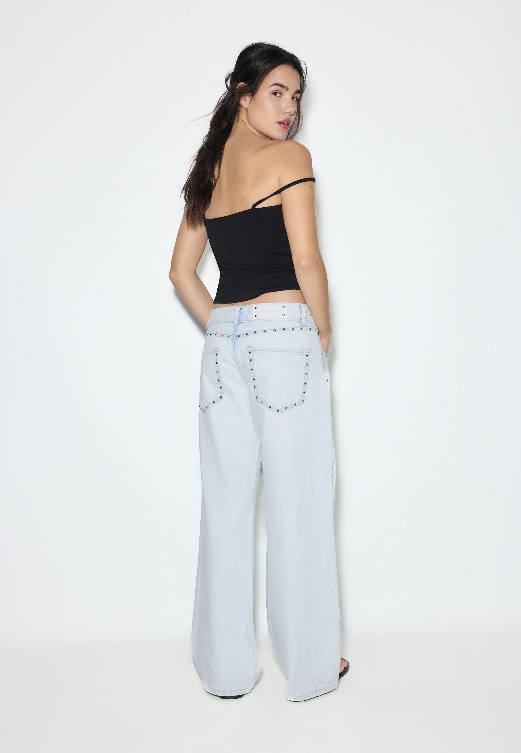 Wide-leg loose studded jeans — MEDIUM LIGHT BLUE DENIM