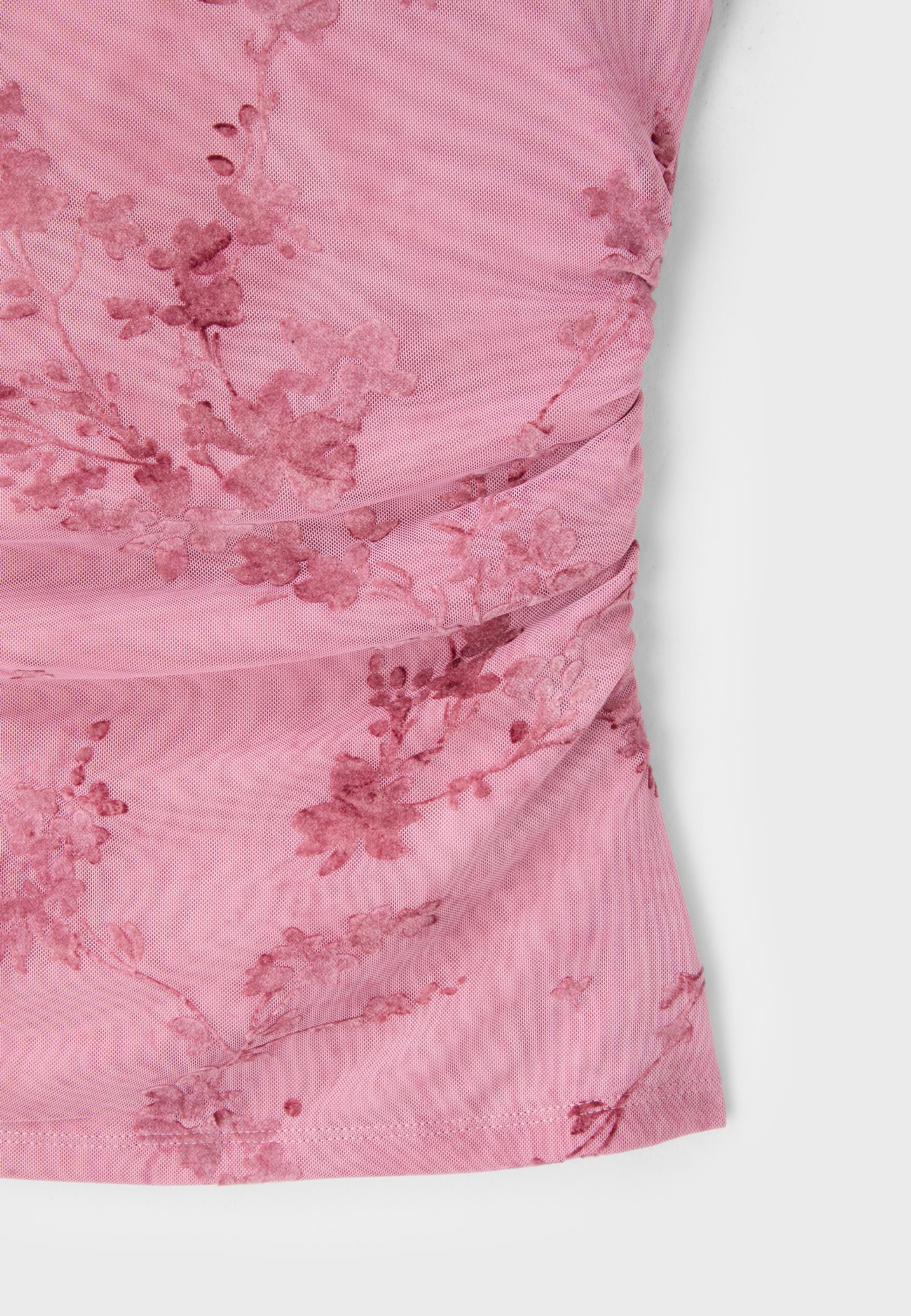 Flocked sleeveless funnel neck T-shirt — Salmon pink