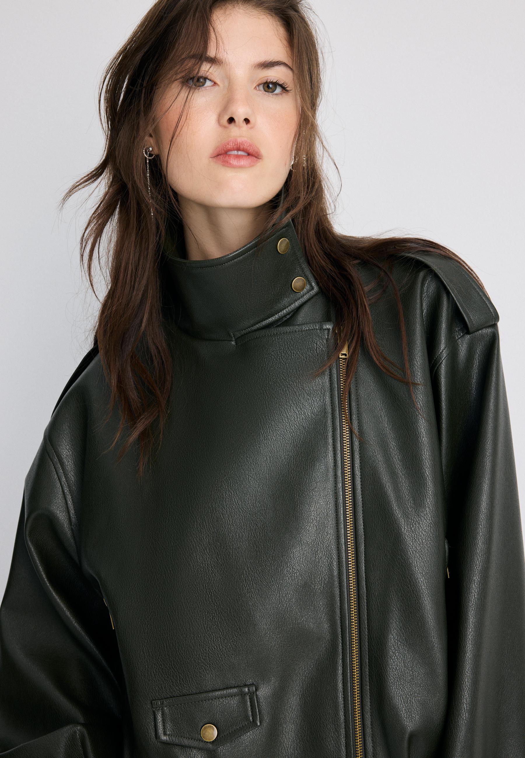 Leather effect balloon sleeve biker jacket — Green
