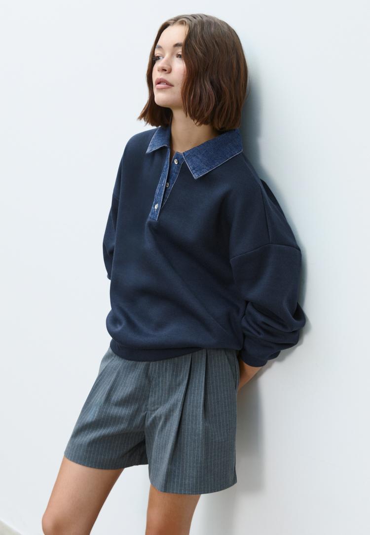 denim collared sweatshirt