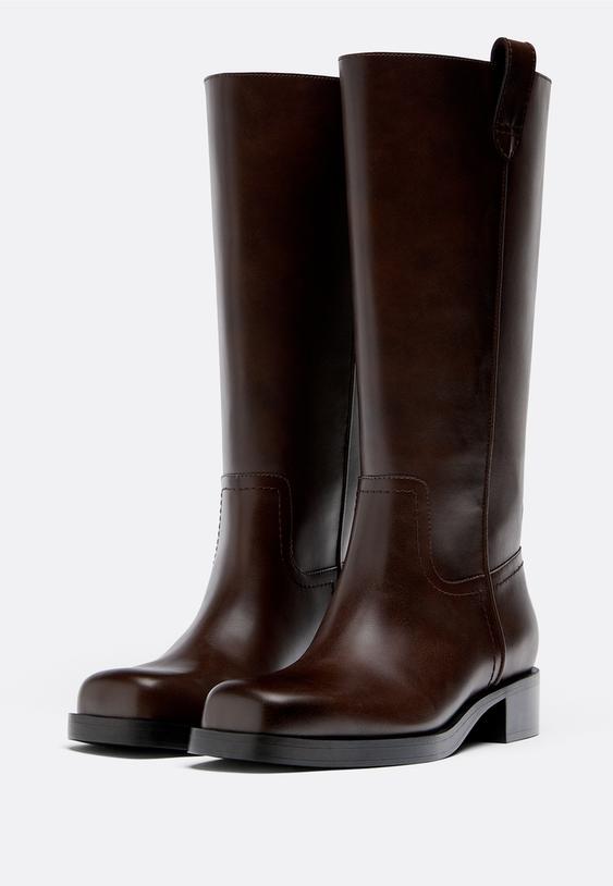 Stradivarius Flat Leather Effect Boots Brown 4