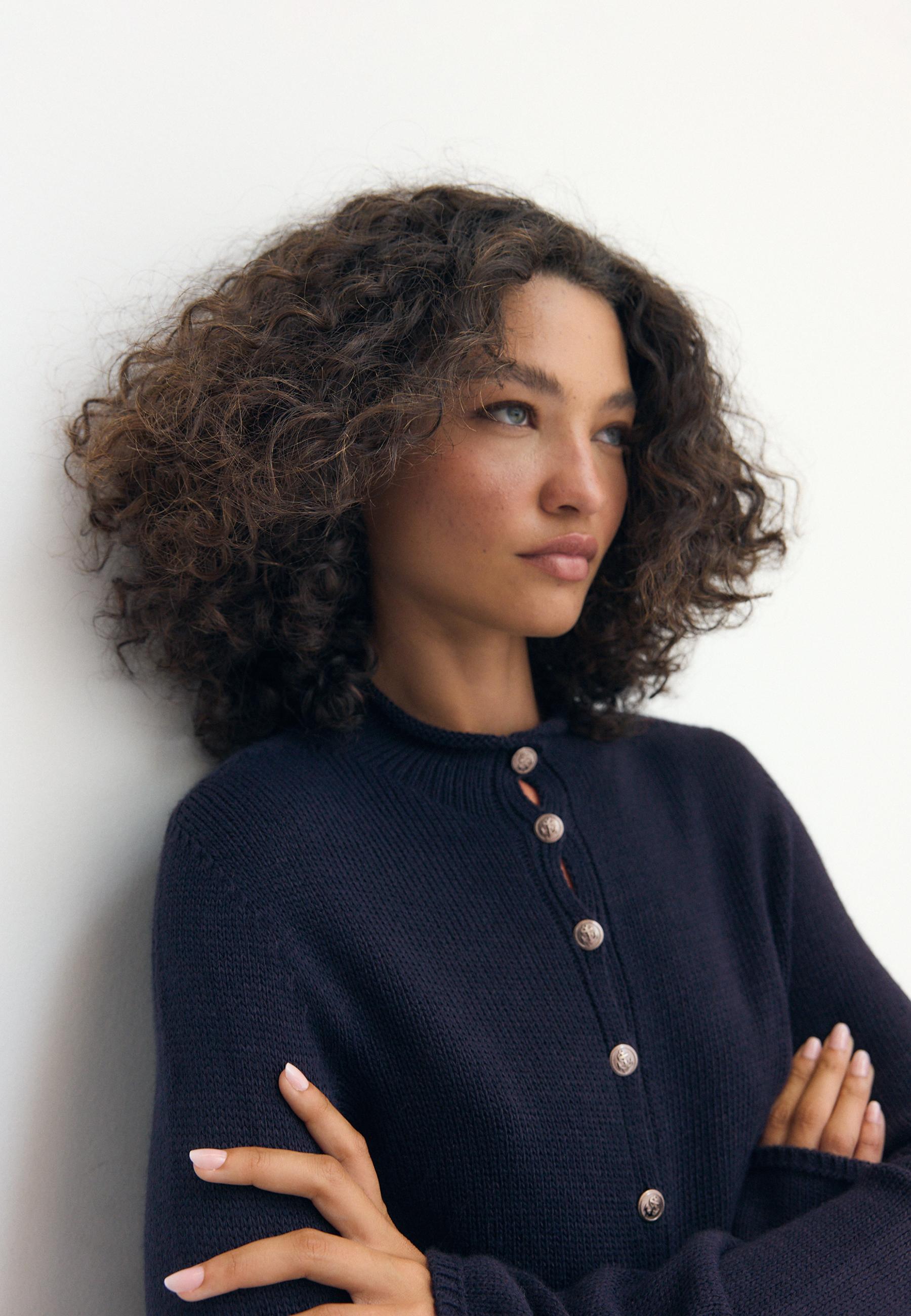 Stand collar knit cardigan — Dark blue