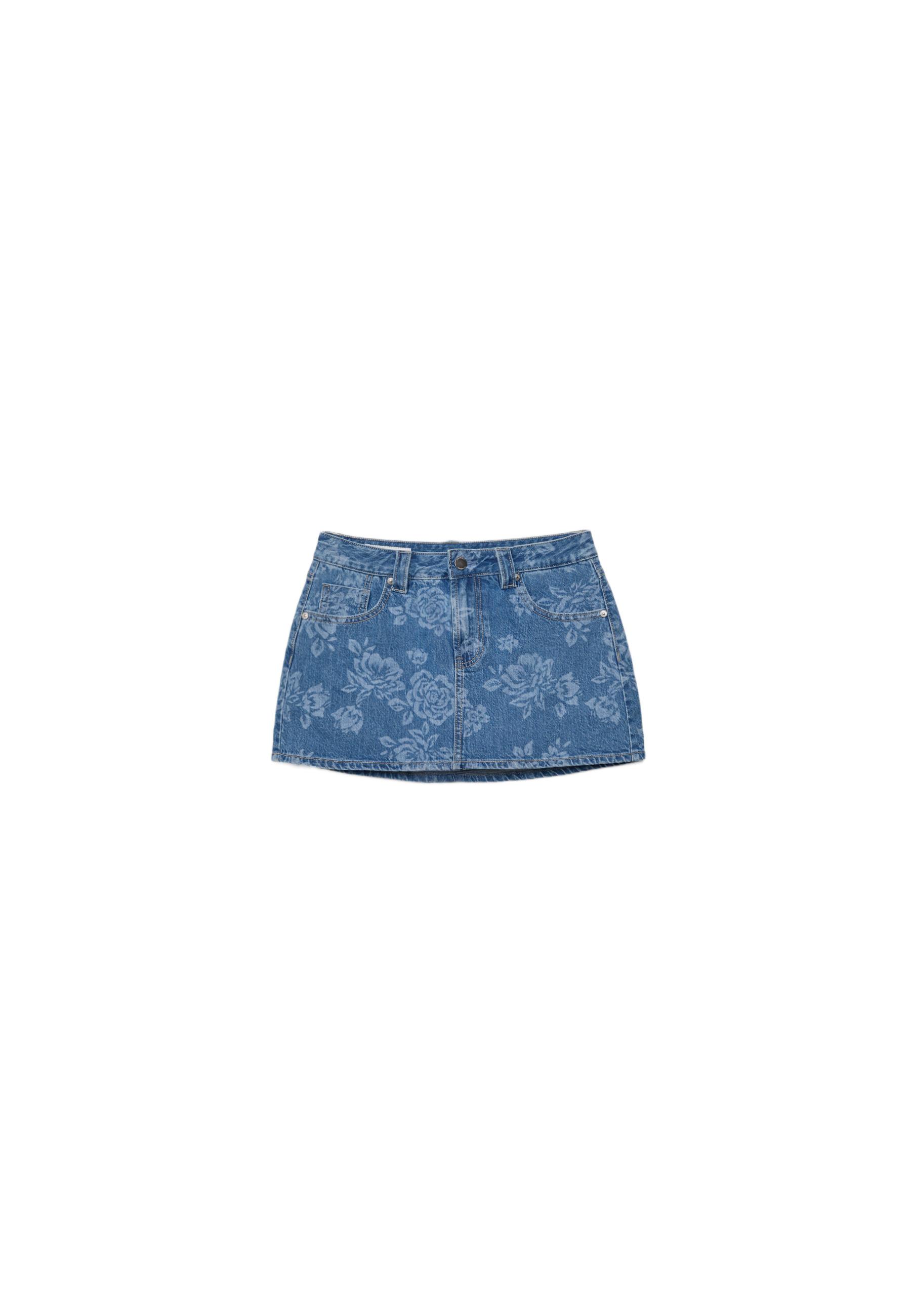Floral laser print denim skort — MEDIUM BLUE DENIM