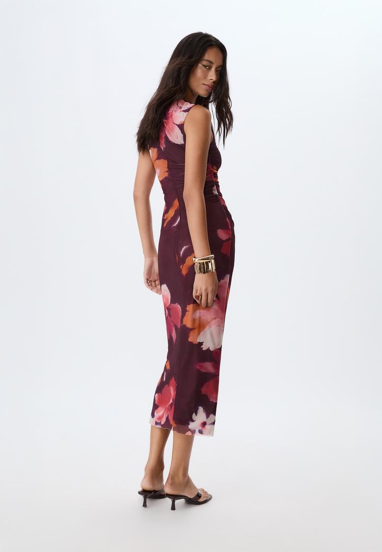 printed tulle midi dress
