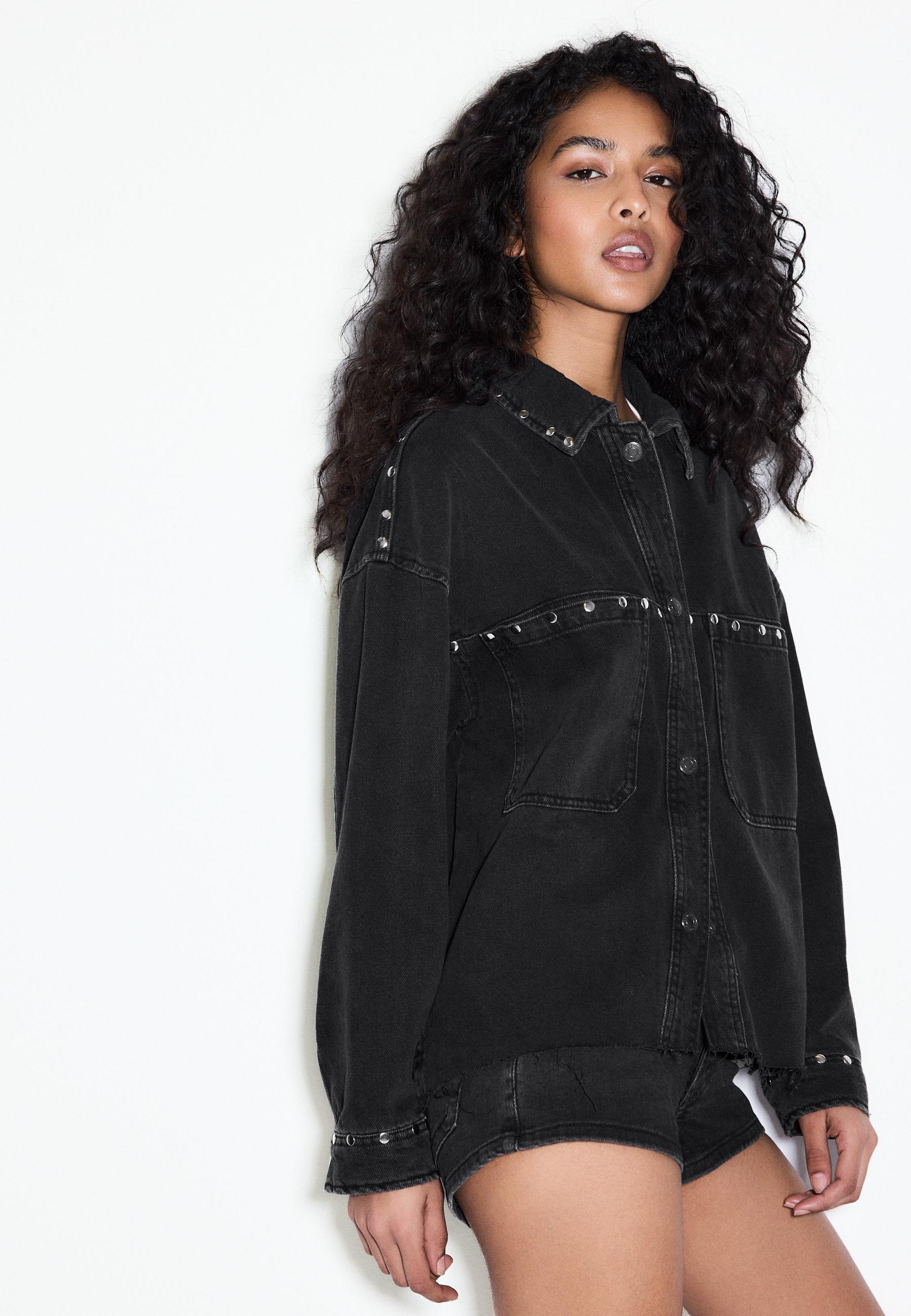 Cropped studded denim overshirt — BLACK DENIM WASH