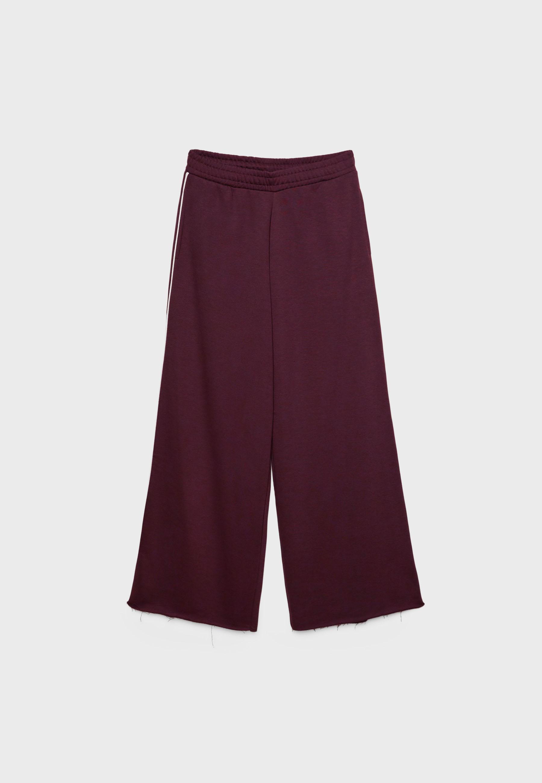 Wide-leg plush trousers with trim detail — Burgundy