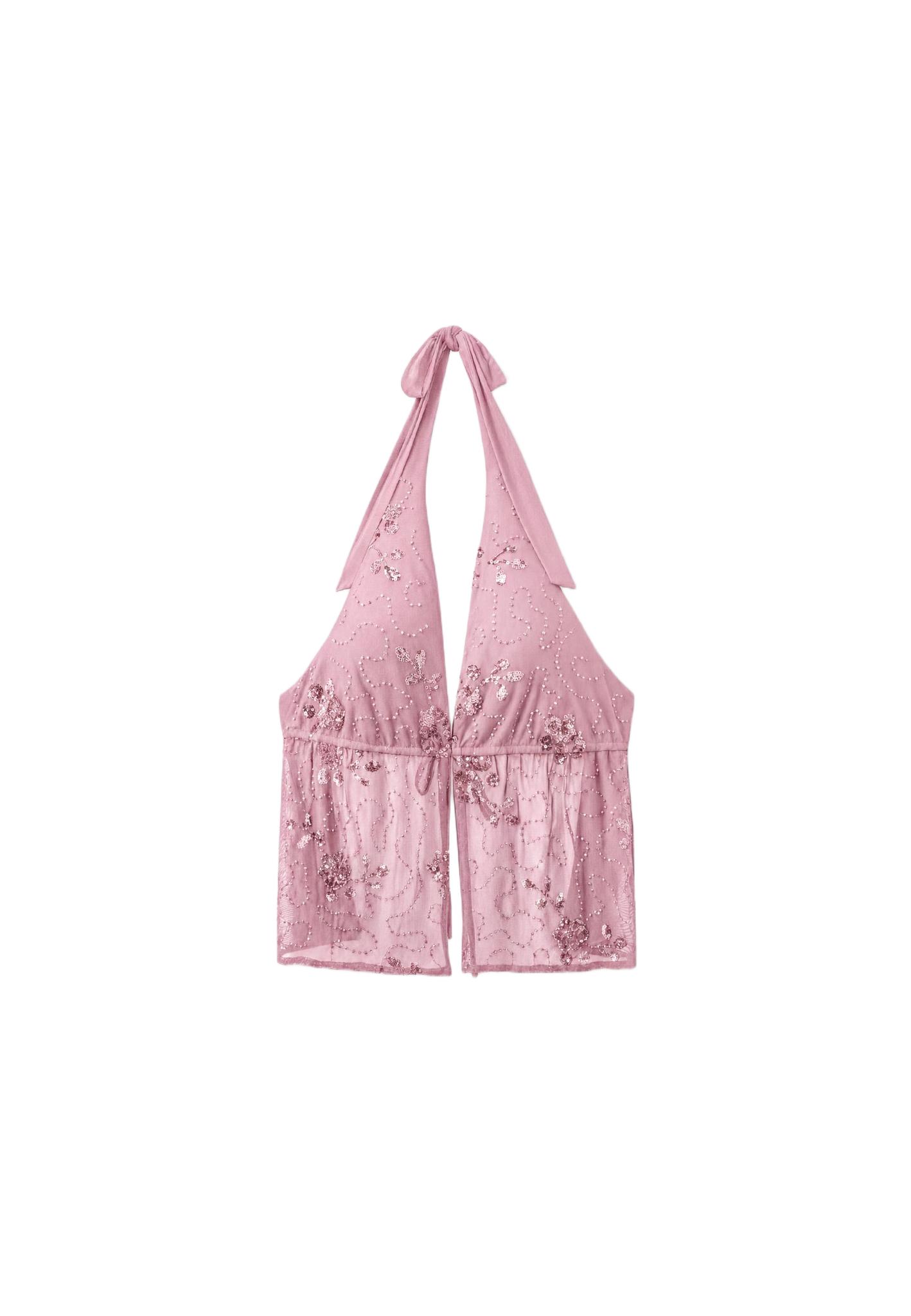 Embroidered halter top with rhinestones — Salmon pink