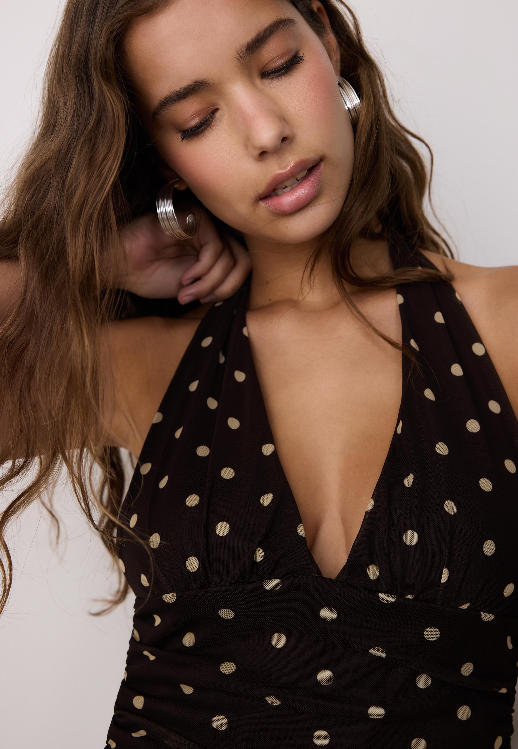 Polka dot mesh halter top — Brown