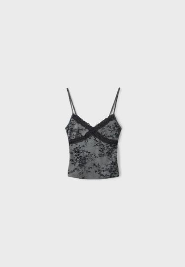 Fitted flocked lace top — Dark grey 7