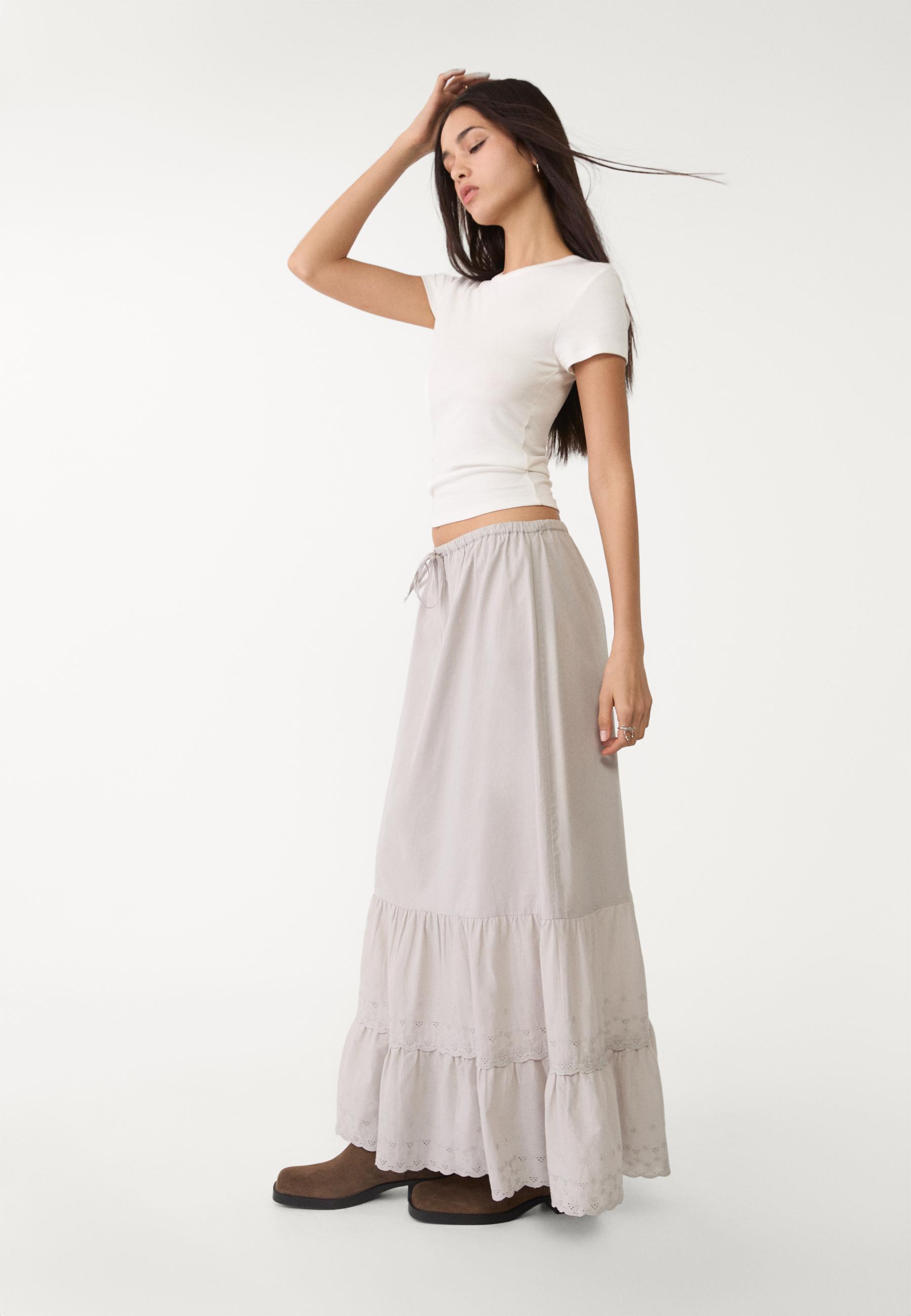 Flowing embroidered midi skirt