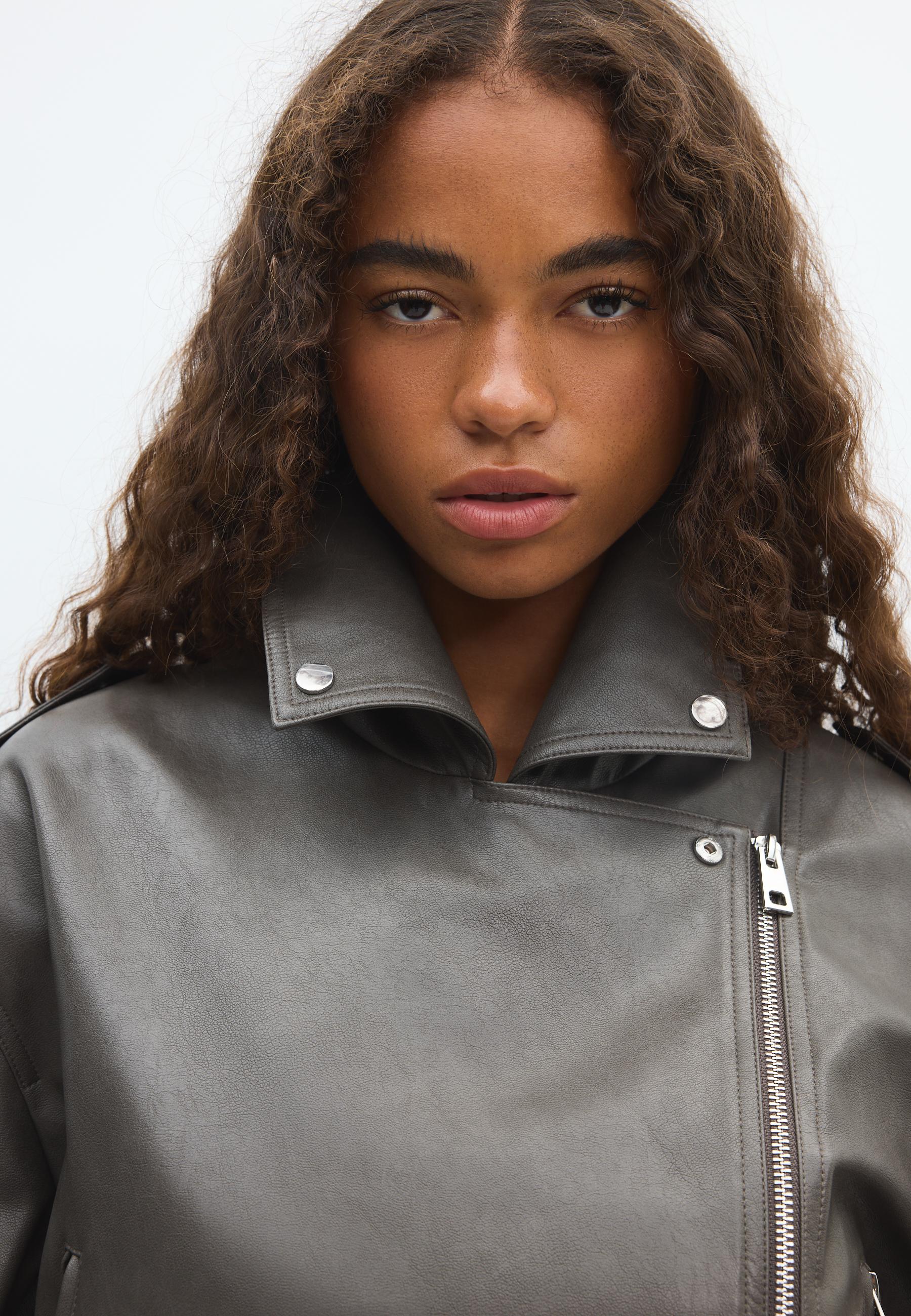 Leather effect biker jacket with belt — Dark grey
