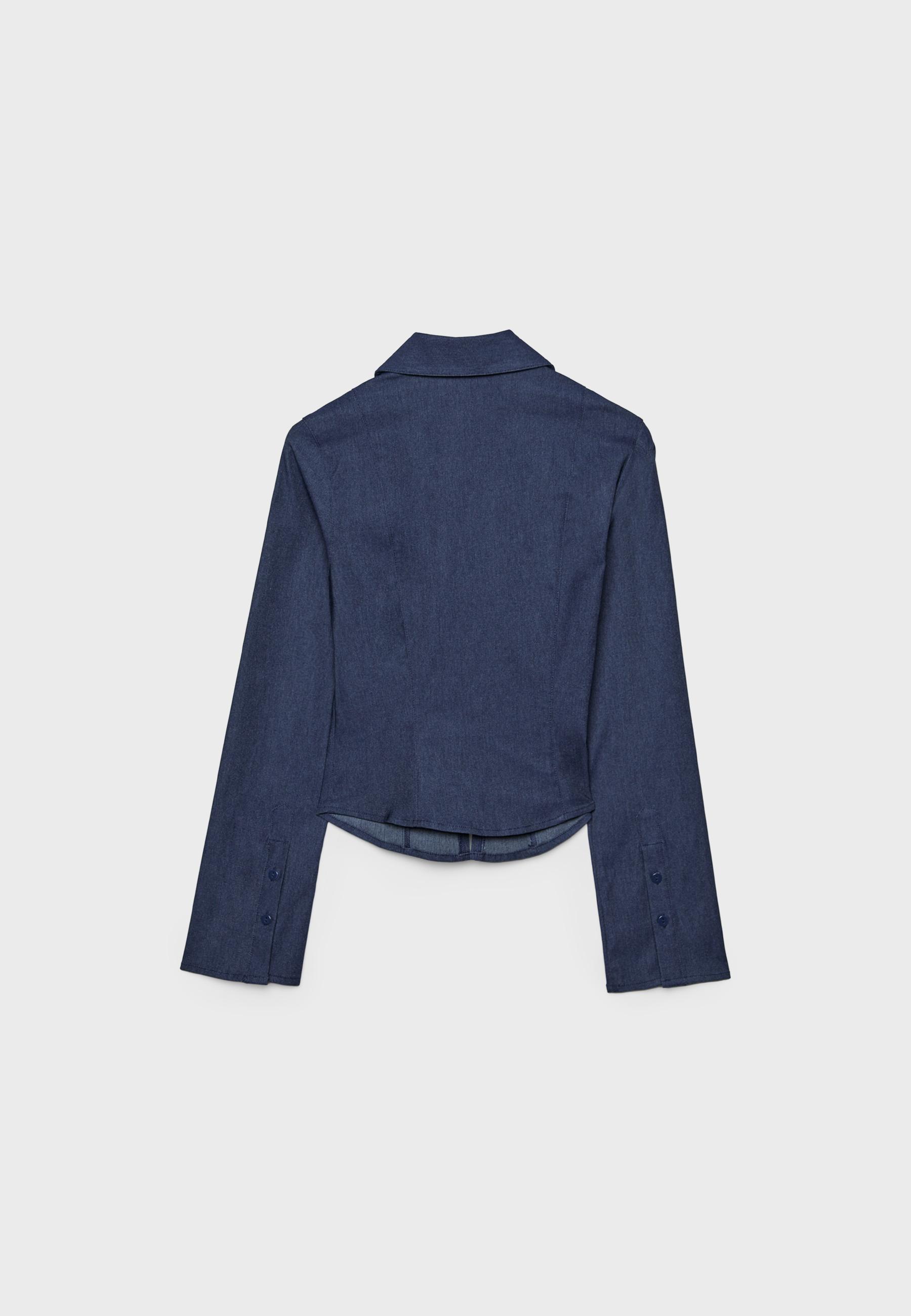 Fitted double zip bengaline denim shirt — OVERDYED BLUE DENIM