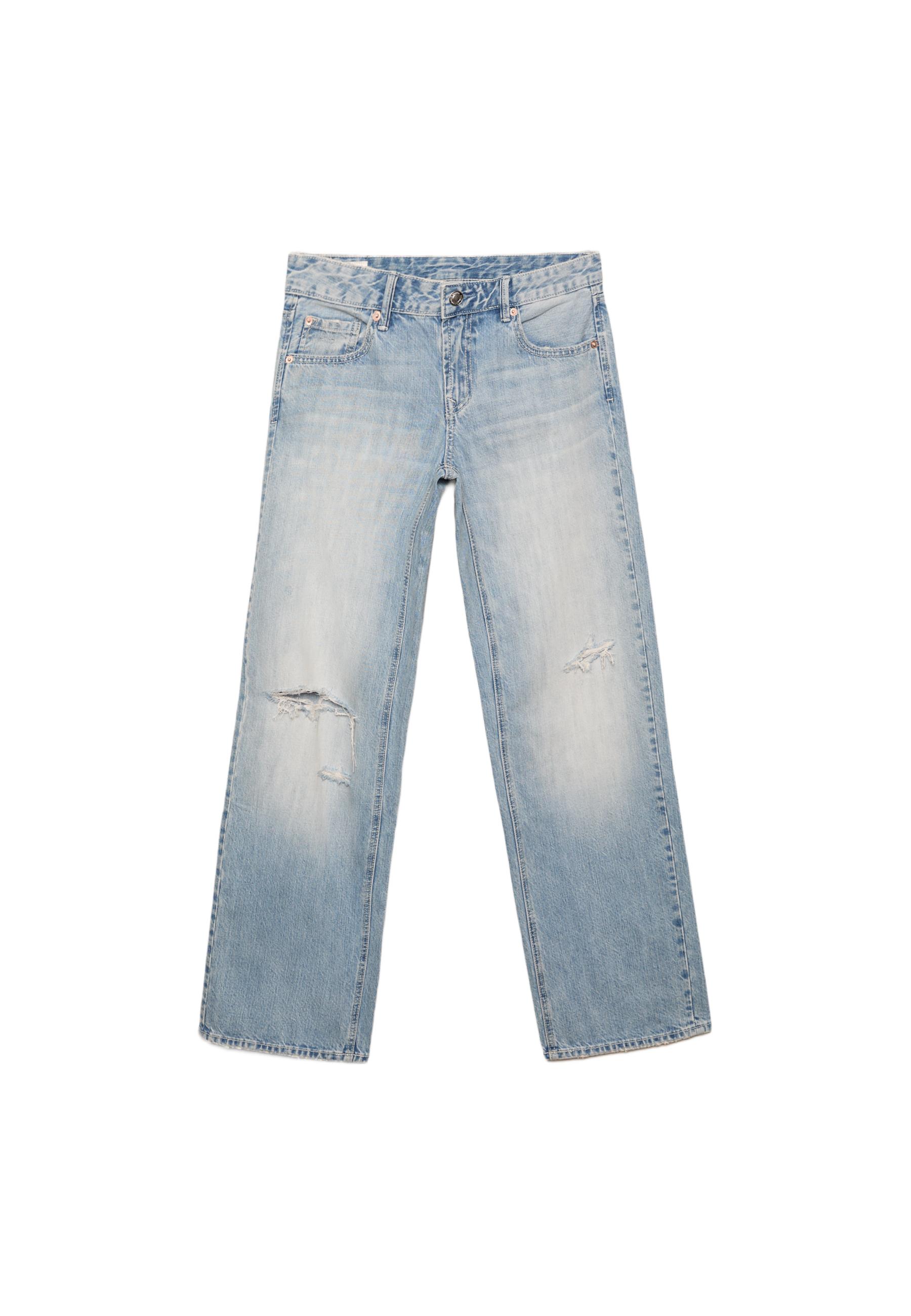 Ripped low-waist straight jeans — MEDIUM LIGHT BLUE DENIM
