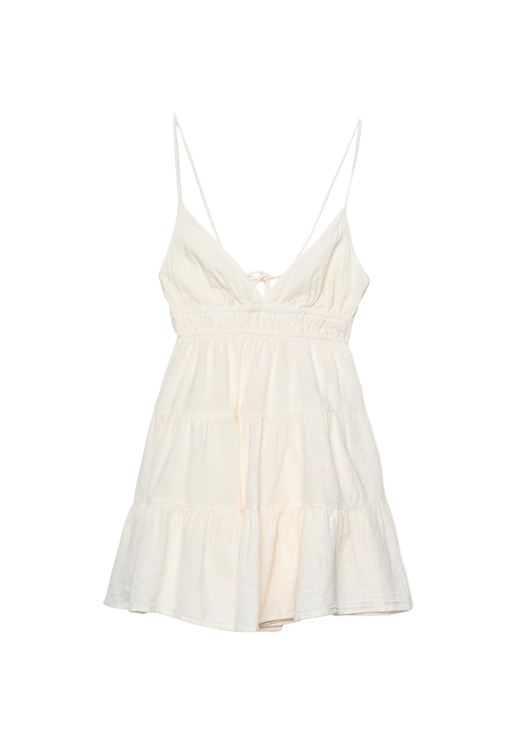 Mini flowing dress with back tie — Ecru
