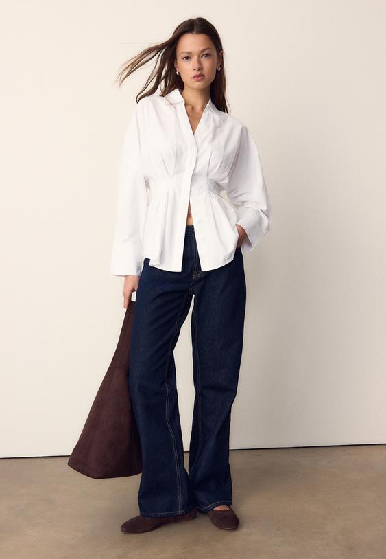 Stradivarius Poplin Shirt With Pleats White Xl