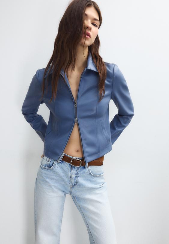 Stradivarius Fitted Leather Effect Jacket Royal Blue L