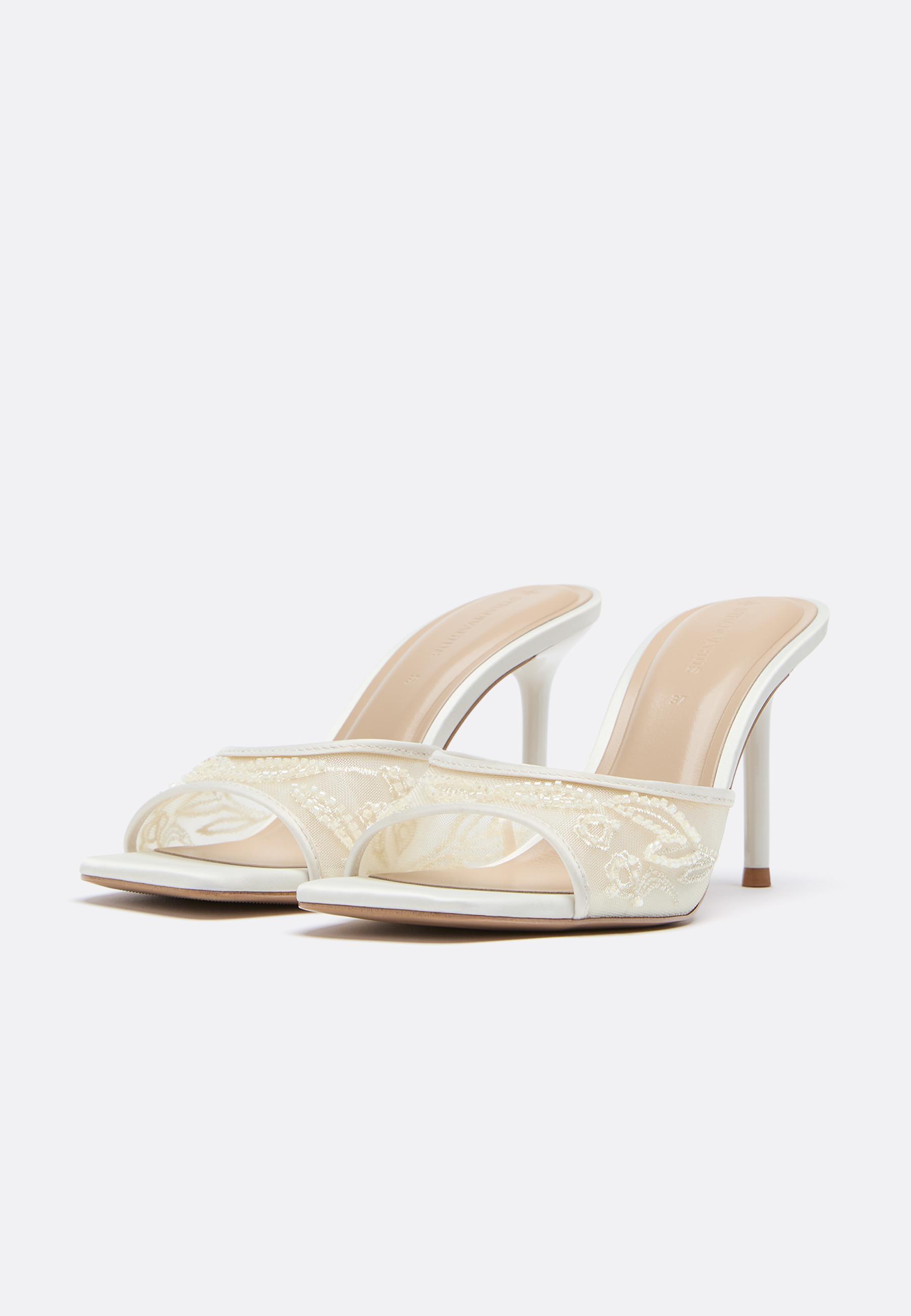 Heeled mesh bead sandals — ECRU