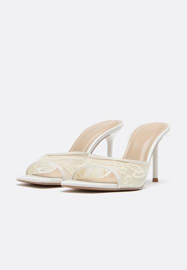 Beaded mesh strap heeled sandals — ECRU 3