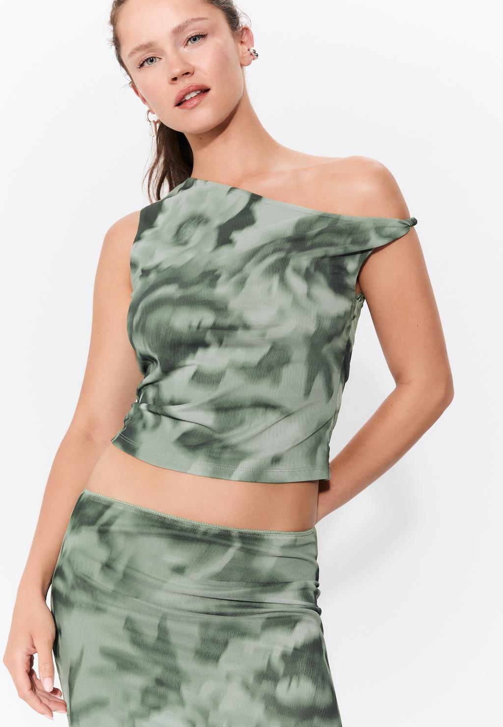 Printed asymmetric tulle T-shirt