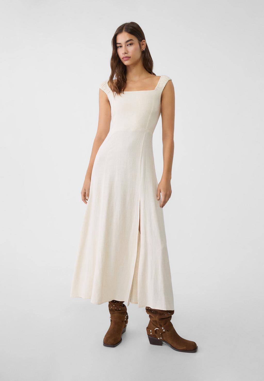 Flowing linen blend maxi dress with crossed back