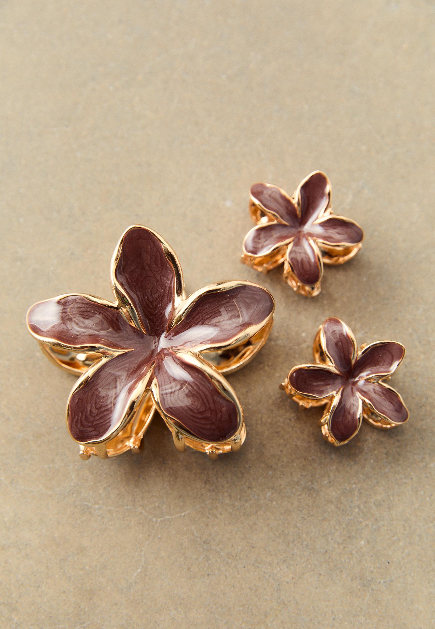 Pack of 3 floral hair clips — Brown