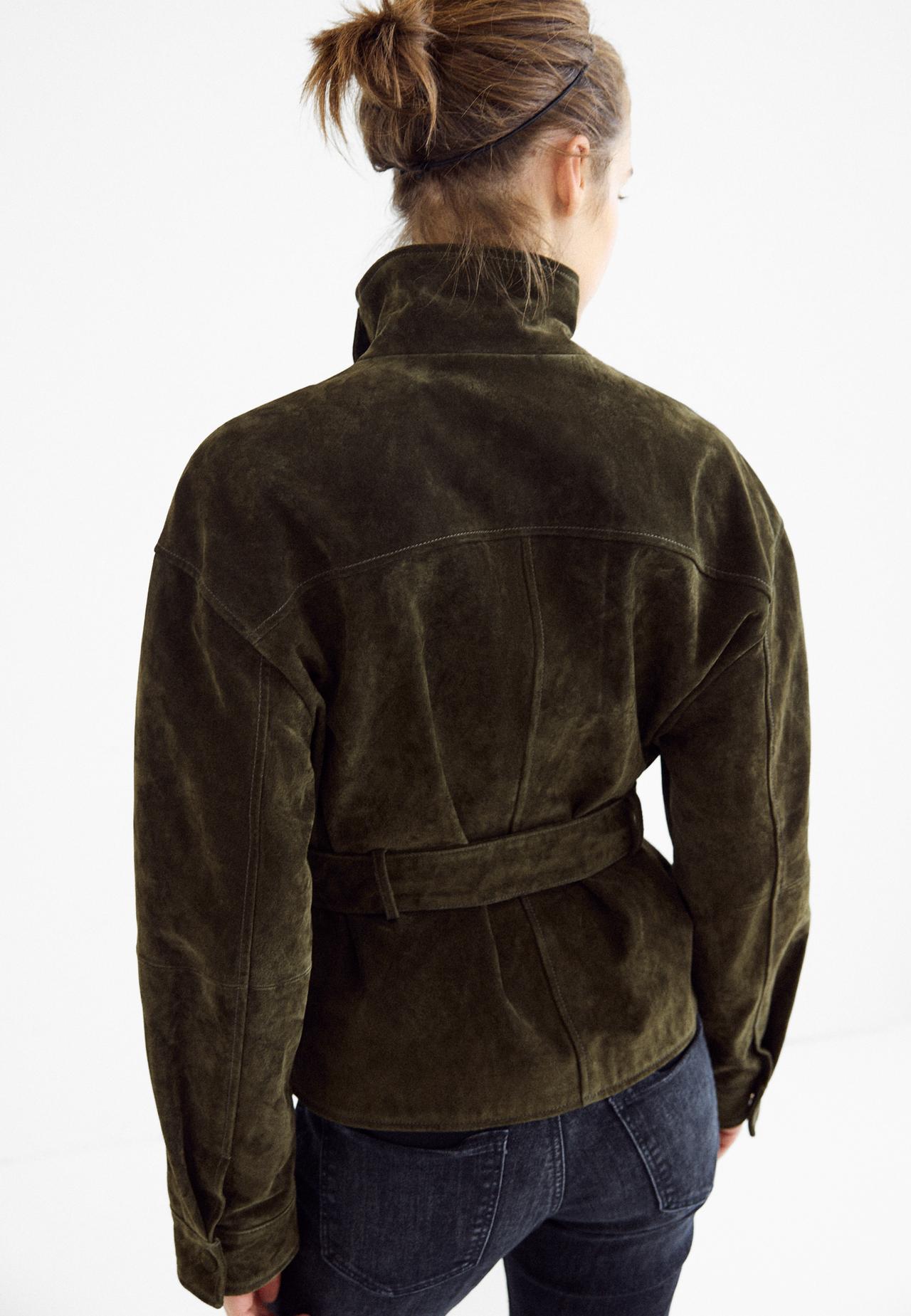 100% leather high neck trench coat with belt — Green