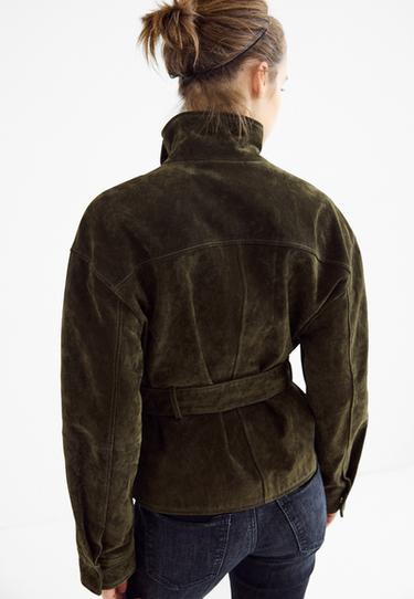 100% leather high neck trench coat with belt — Green 5