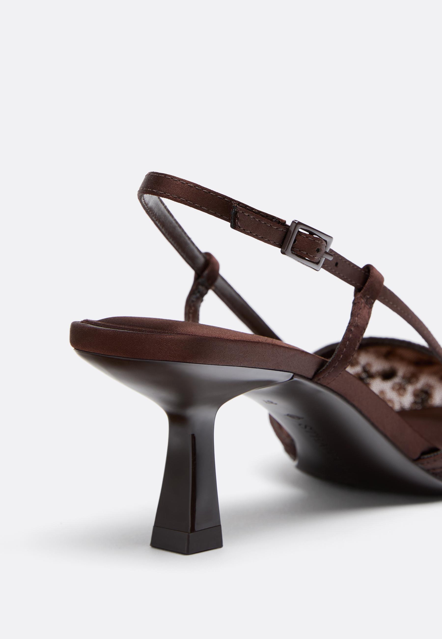 Mesh rhinestone kitten heel shoes — BROWN
