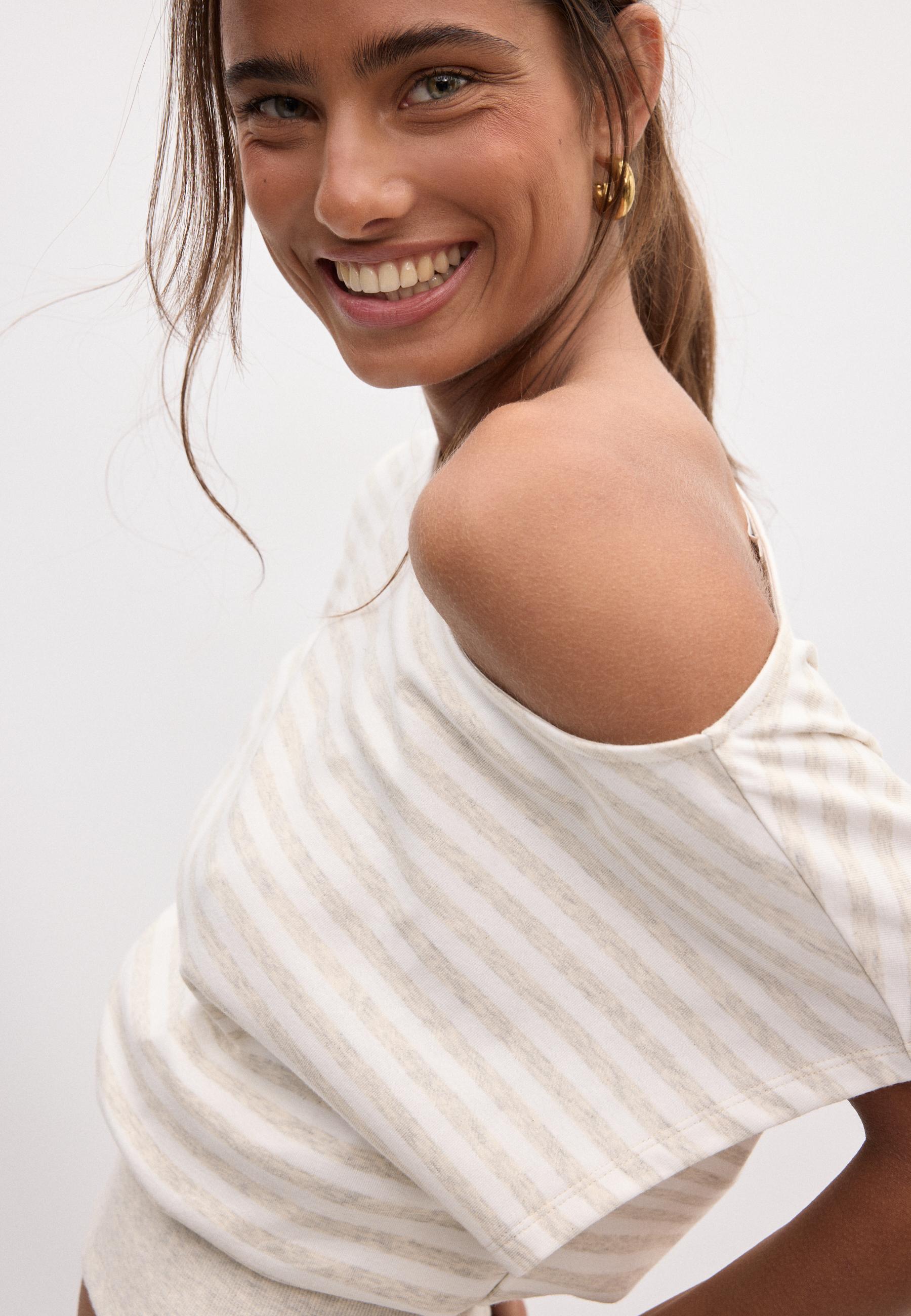 Striped Boat Neck Fitted T-Shirt — Stone