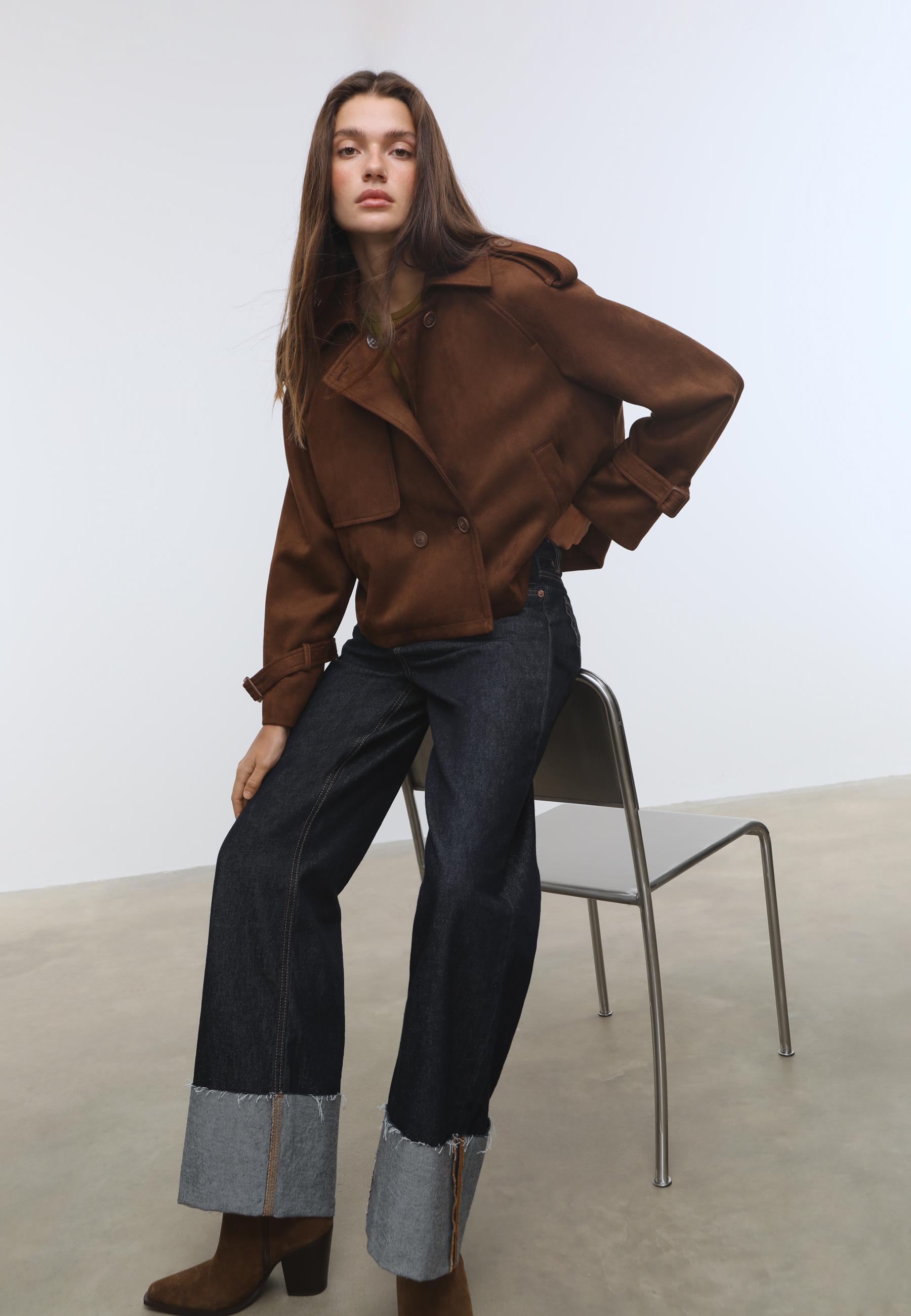 Short faux suede trench coat — Brown