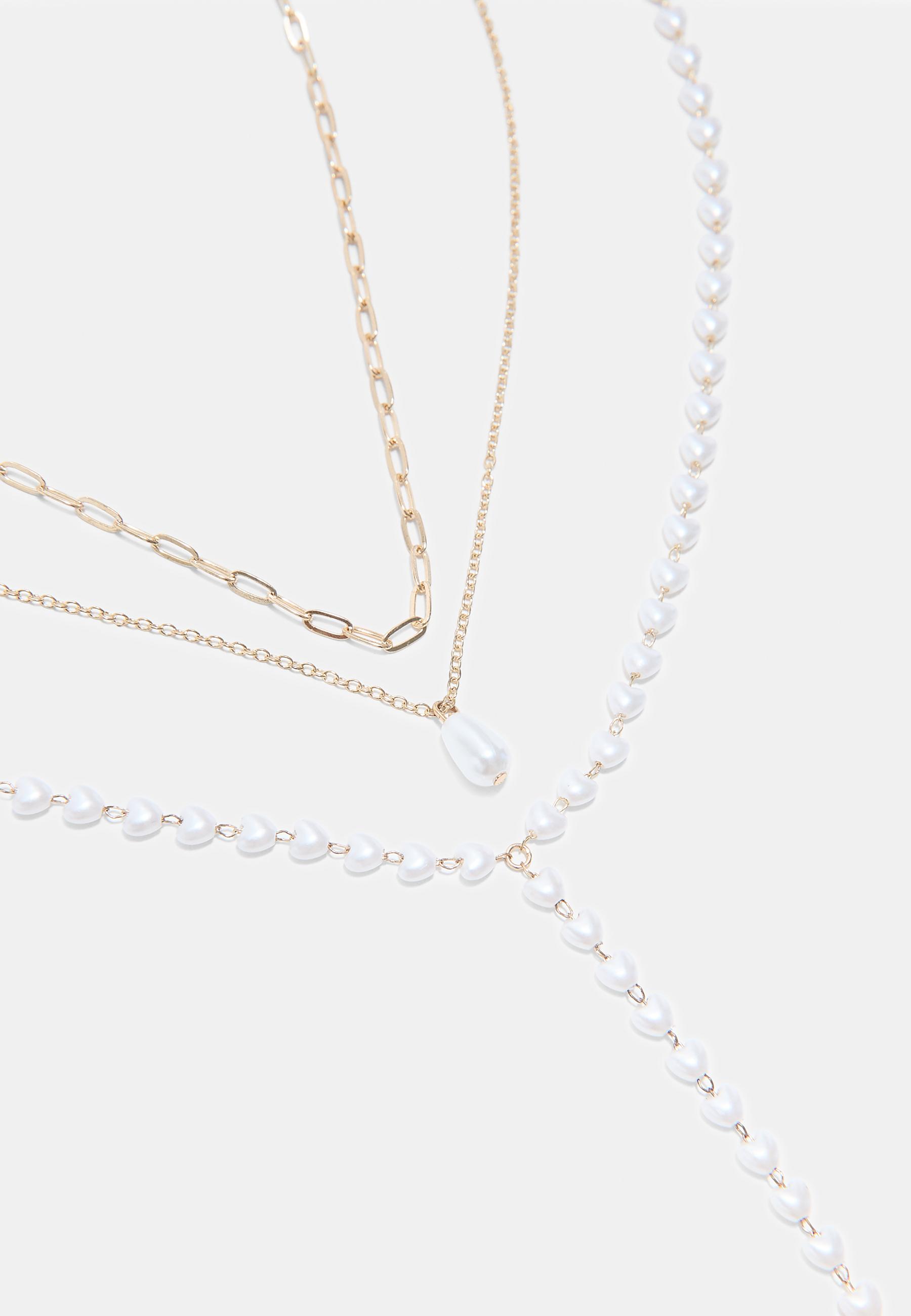Set of 3 faux pearl lariat necklaces — Gold