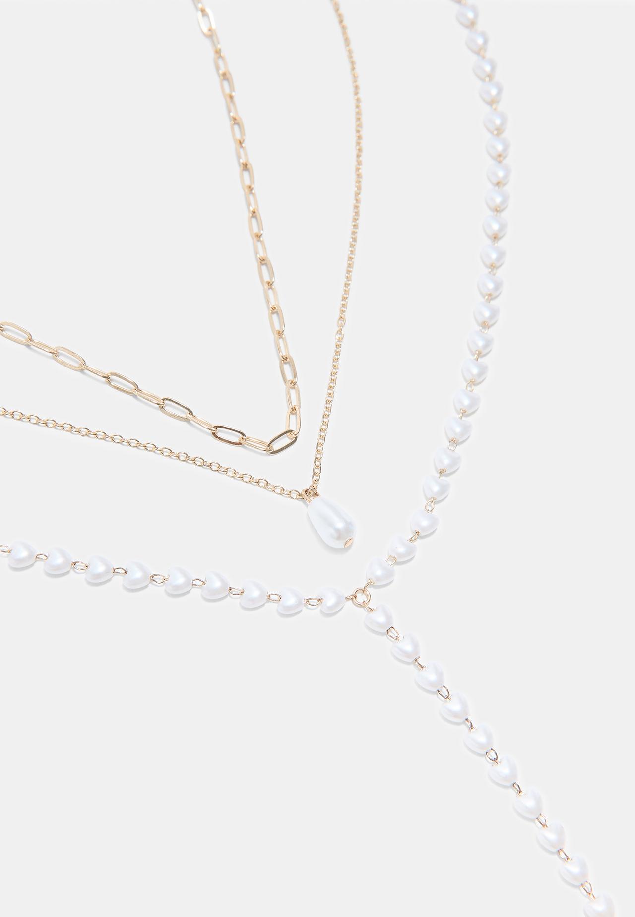 Set of 3 faux pearl lariat necklaces — Gold