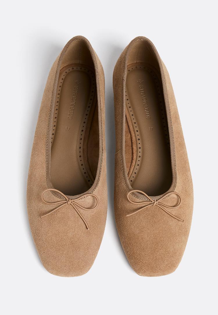 split suede ballet flats with bow