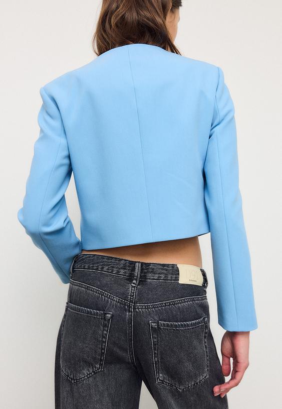 Stradivarius Cropped Round Neck Blazer Sky Blue L