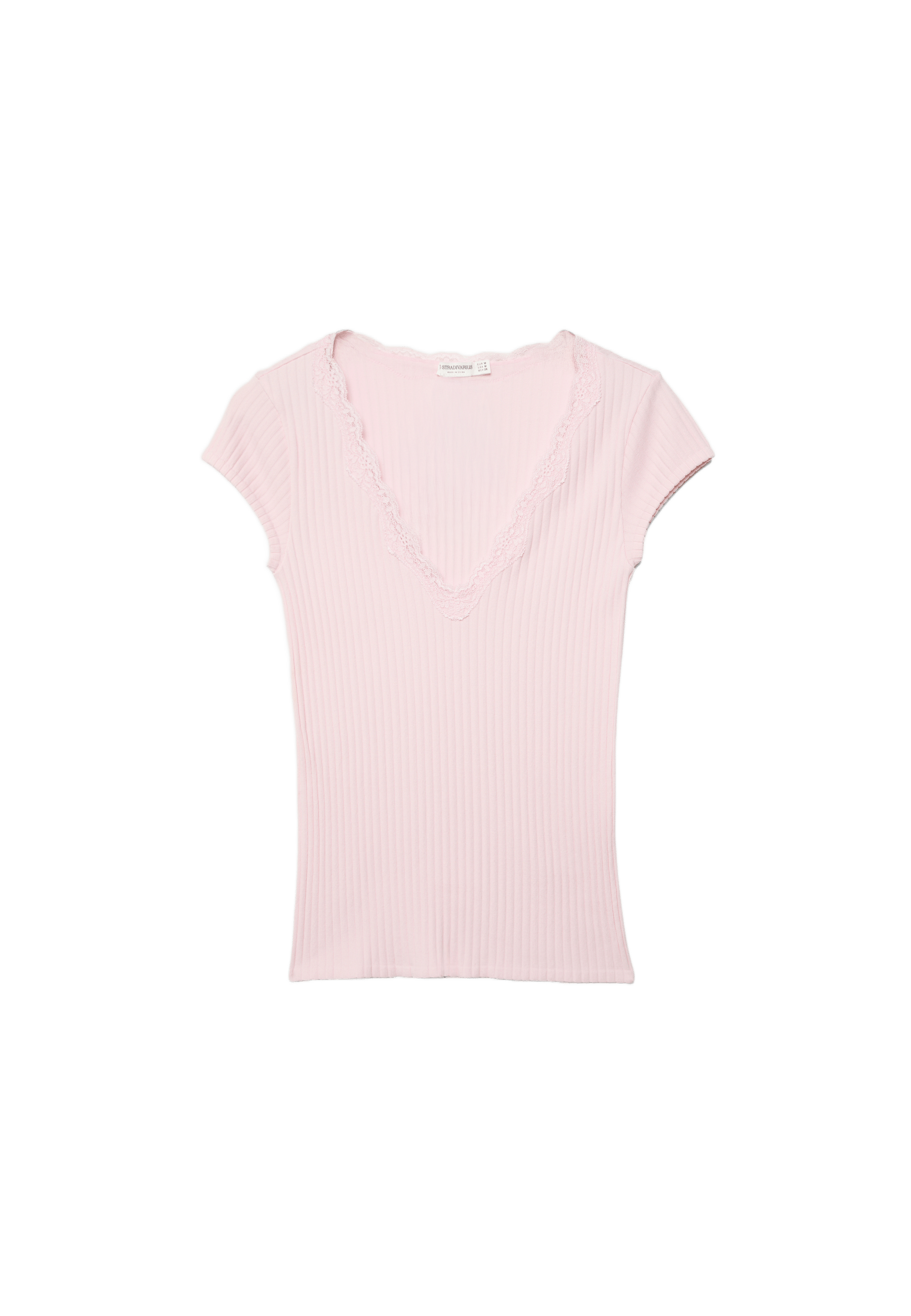 V-neck lace short sleeve T-shirt — Salmon pink