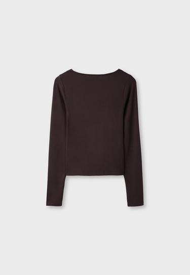Long sleeve lace V-neck top — Brown 8