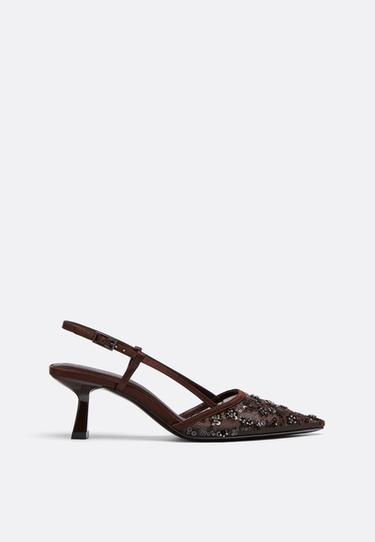 Rhinestone mesh heeled shoes — BROWN 2