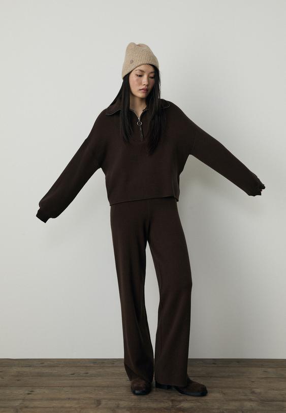 Stradivarius Knit Jumper With Zip Brown M