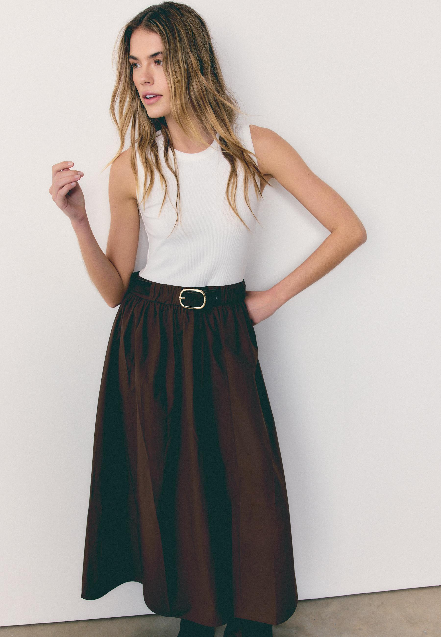 Two-material sleeveless midi dress with belt — Brown