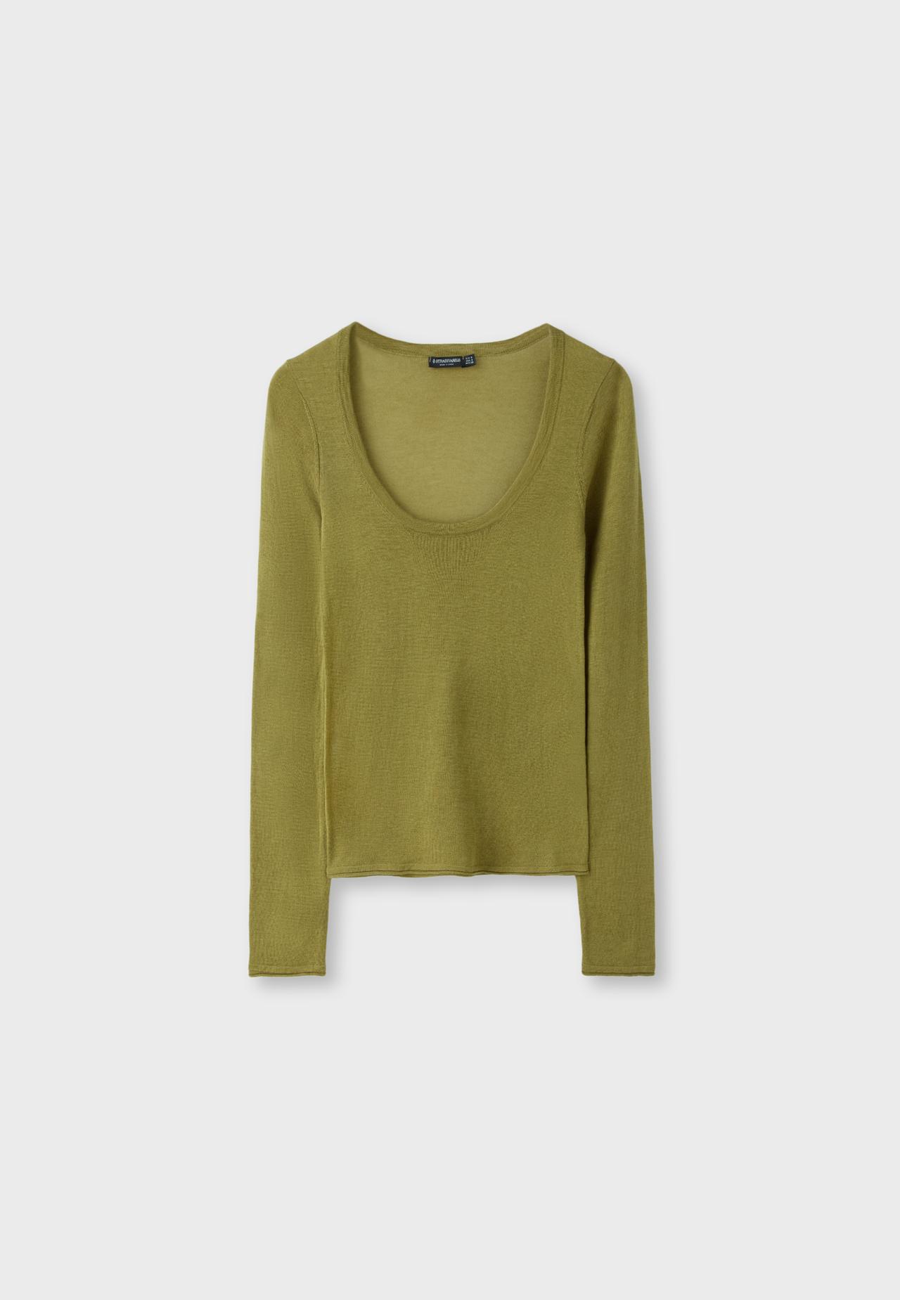 Basic wool and silk round neck jumper — Olive green