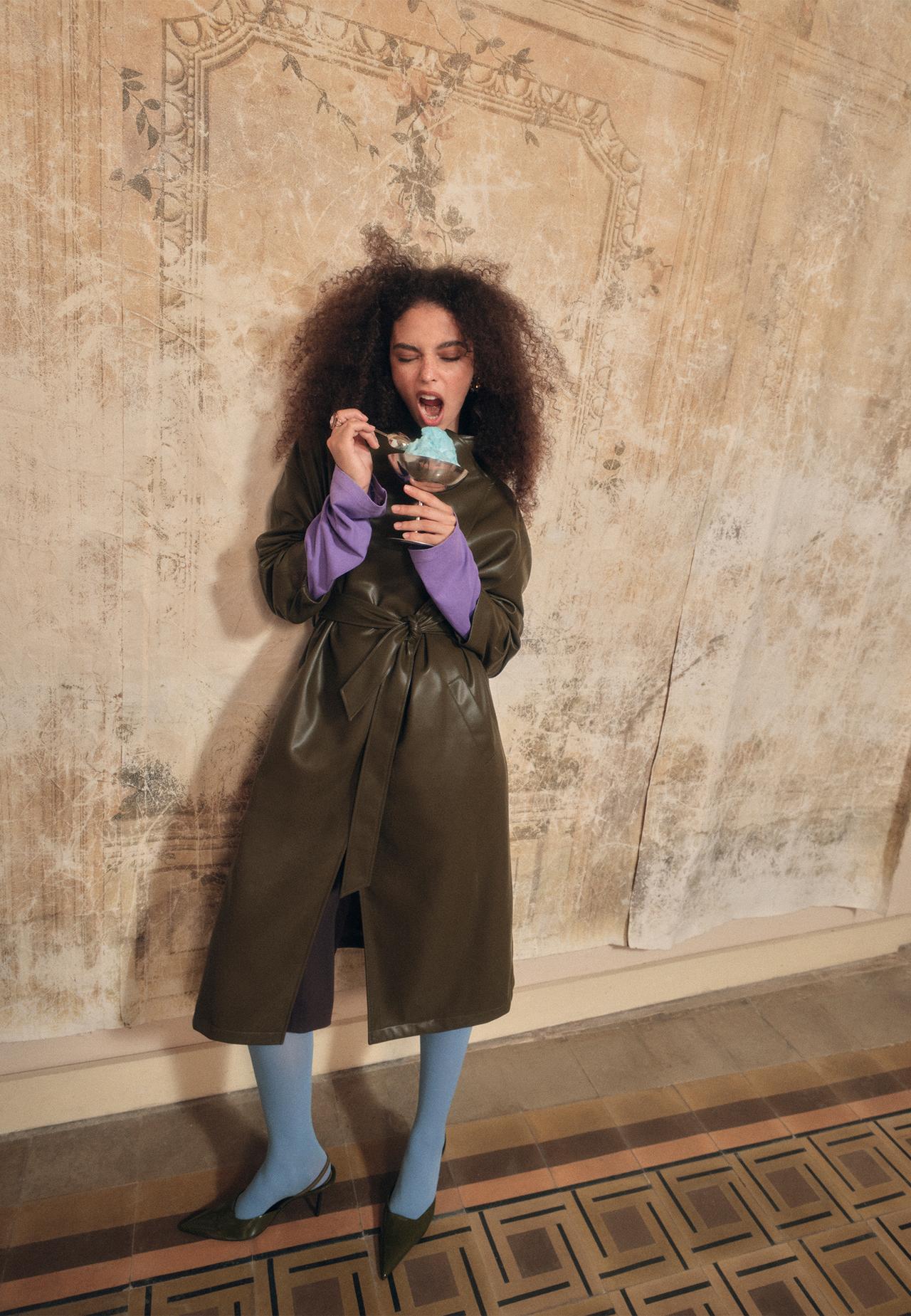 Long leather effect waterfall collar trench coat — Khaki