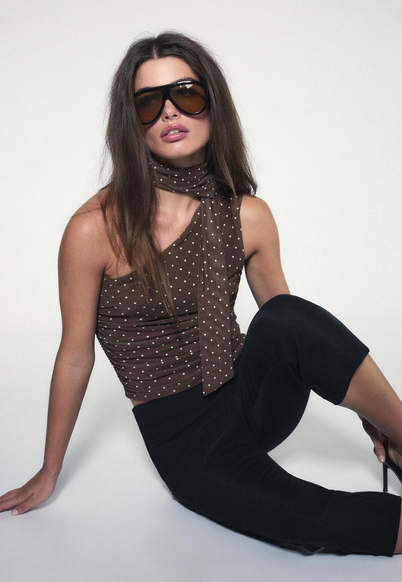 Polka dot tulle asymmetric scarf top — Brown