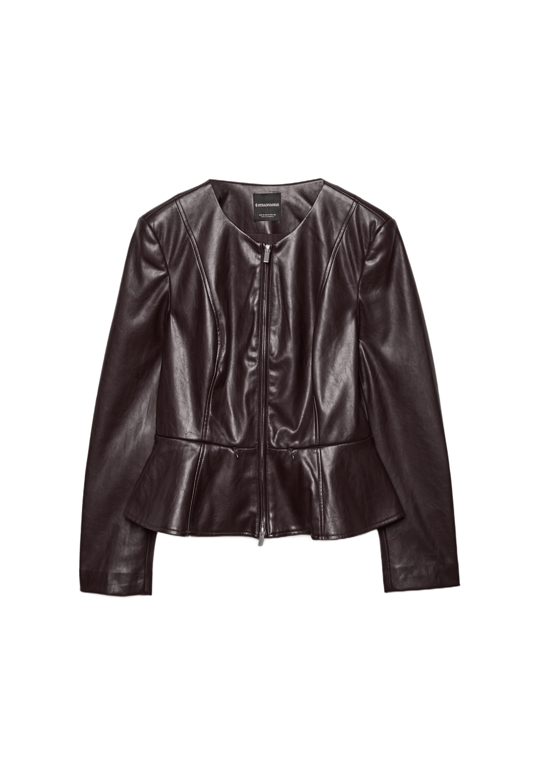 Collarless leather effect peplum blazer — Brown