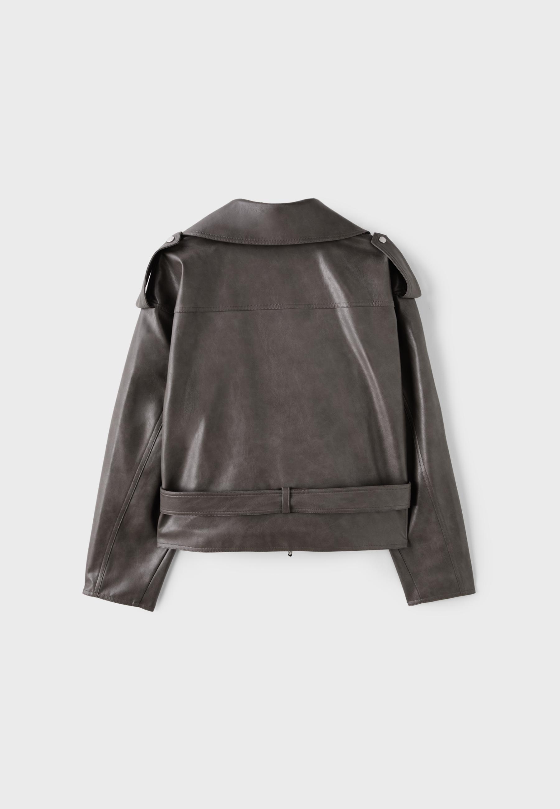 Leather effect biker jacket with belt — Dark grey