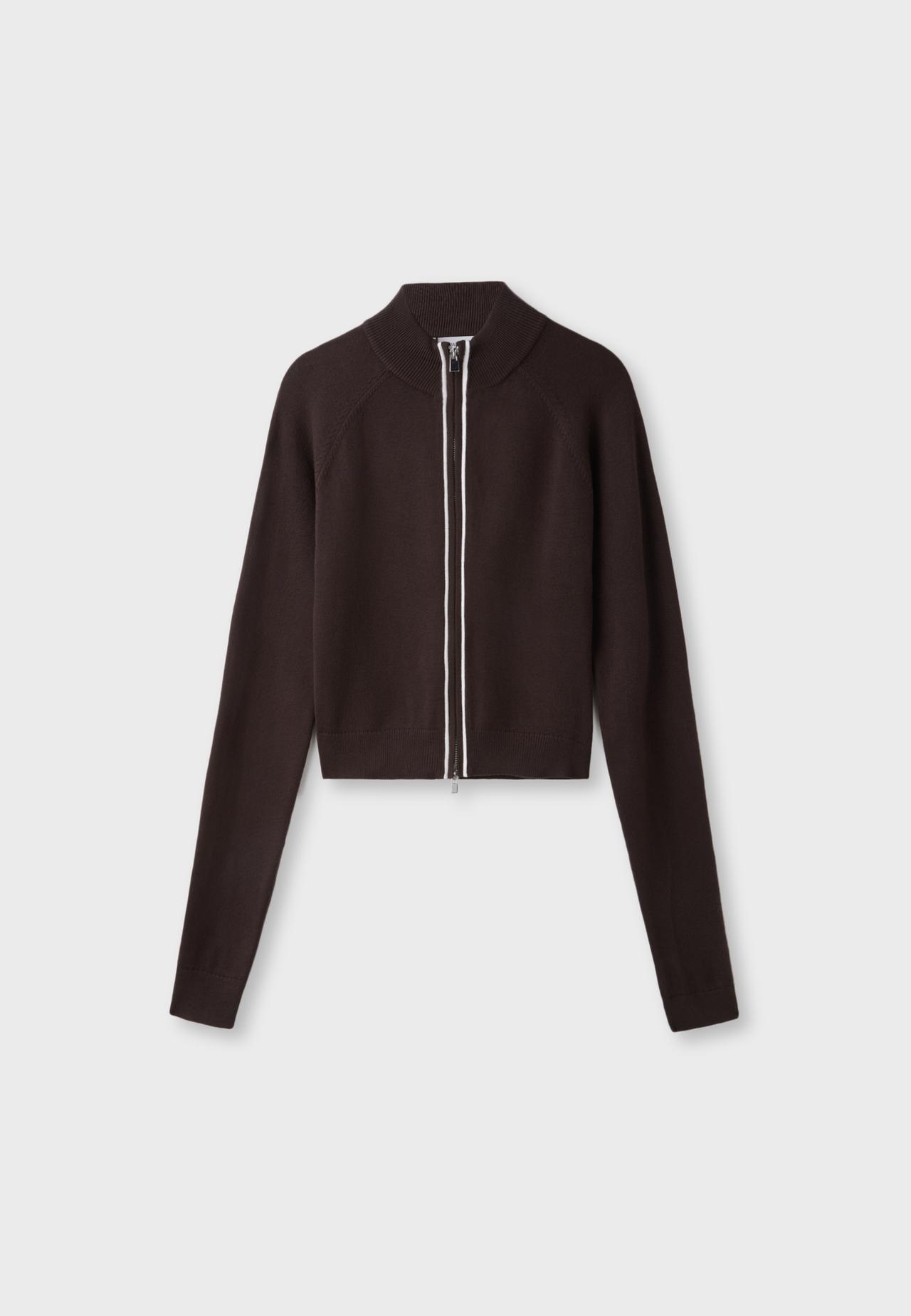 Striped zip-up knit cardigan — Brown