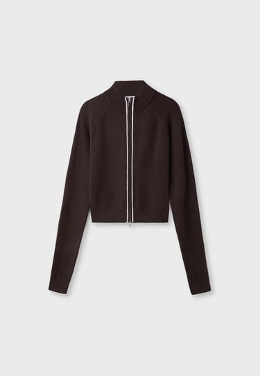 Striped zip-up knit cardigan — Brown 7