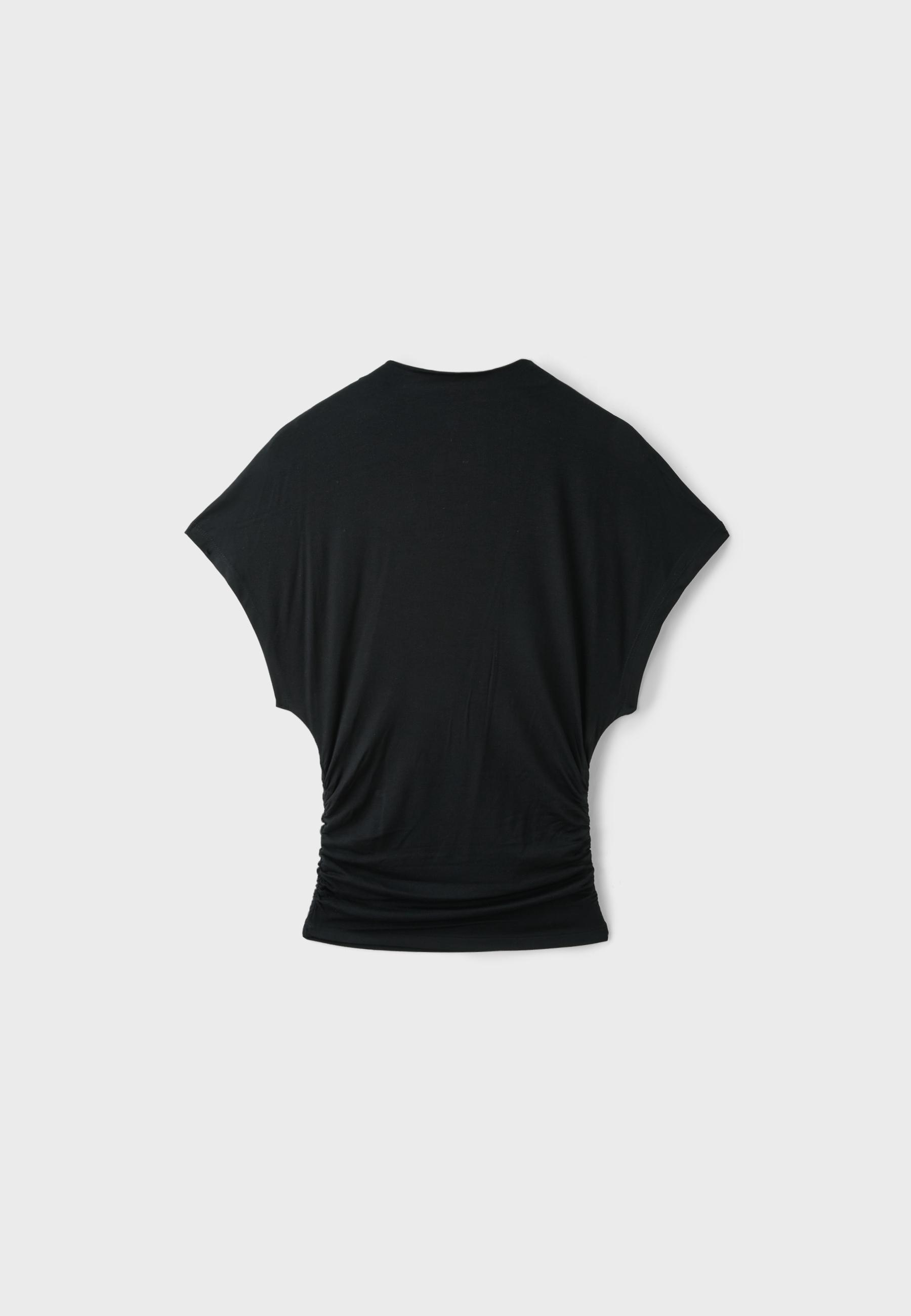 Short sleeve gathered mock neck T-shirt — Black