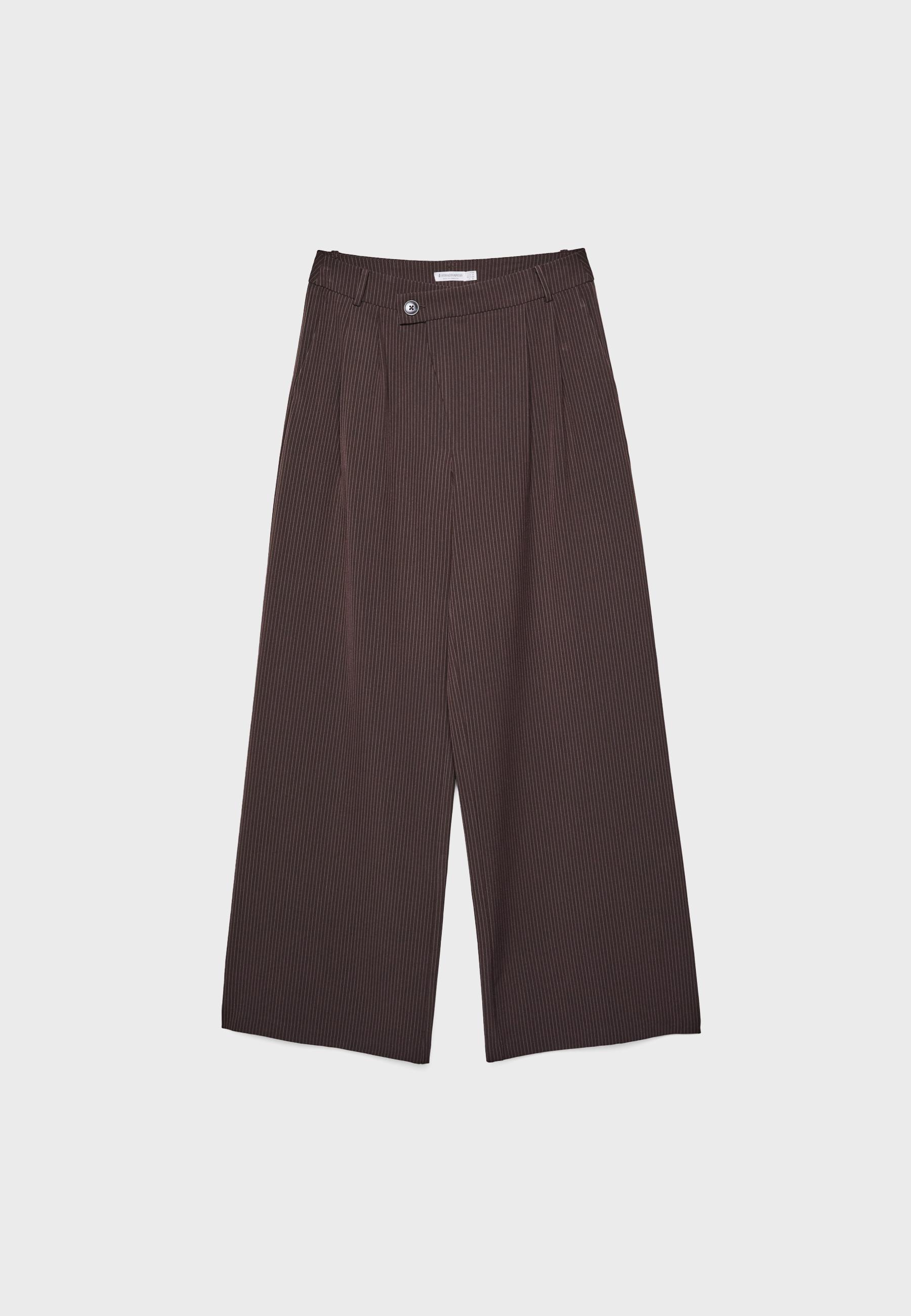 Casual striped smart trousers with crossover waist — Brown