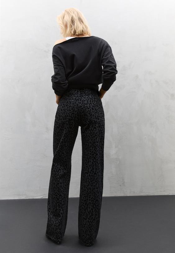 Stradivarius Flocked Leopard Print Jeans Black Denim Washed Effect 14