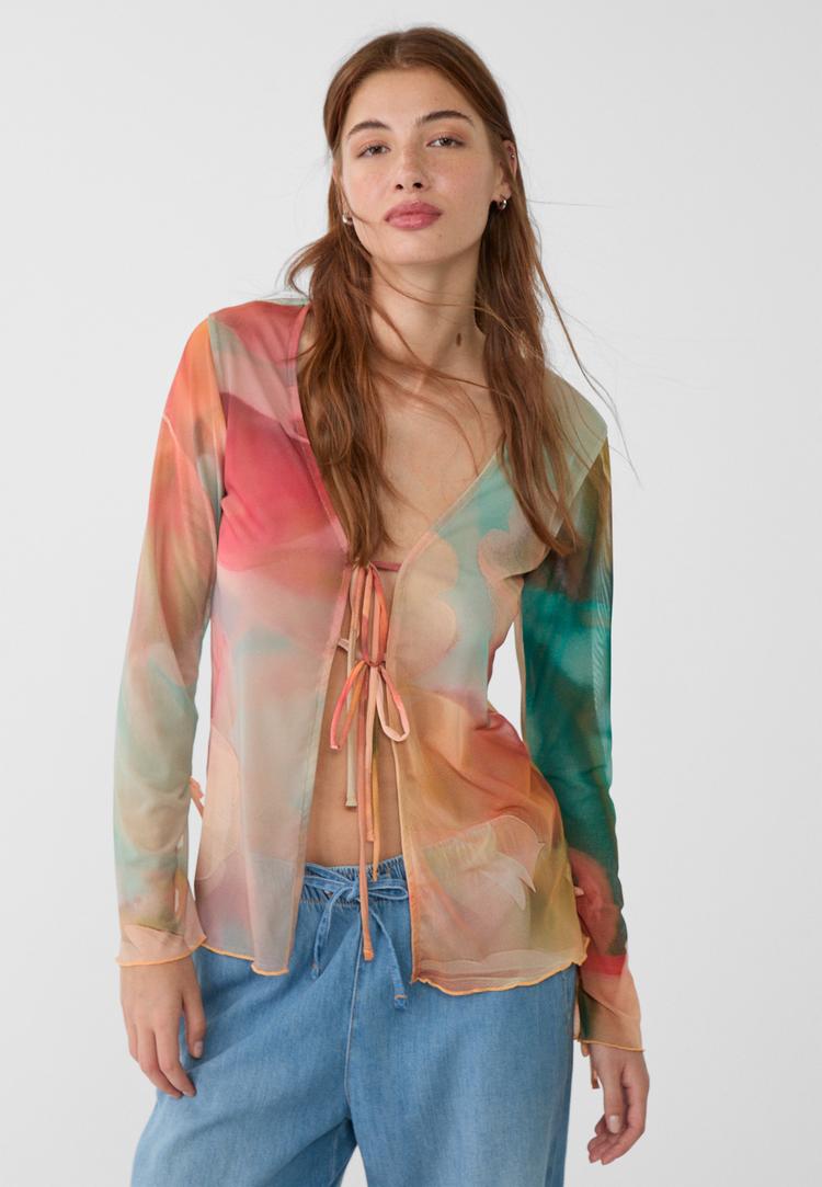 

Stradivarius Fließender Midirock mit Tüll-Print Ocker L